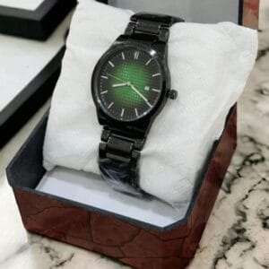 Green Rolex Dial Men’s Watch with Date Function & Metal Chain Band – Includes Box