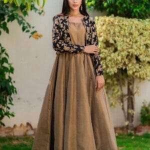 2Pc Embroidered Round Neck Silk Maxi & Jacket Set for Women