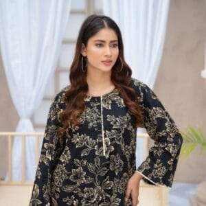 Black Flower Printed Suit Pcs Stitched Suit Stone Winter Linen Suit Winter Collection