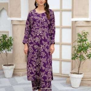 Flower Printed Suit Pcs Stitched Suit Stone Winter Linen Suit Winter Collection (purple)