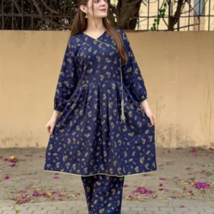Blue Small Flower Printed Stone Winter Linen Suit for Women - Winter Collection