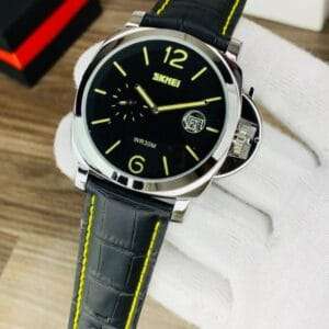SKMEI 1124 Black Square Case Analog Watch, Leather Strap, Quartz Movement - Alizoic Pakistan