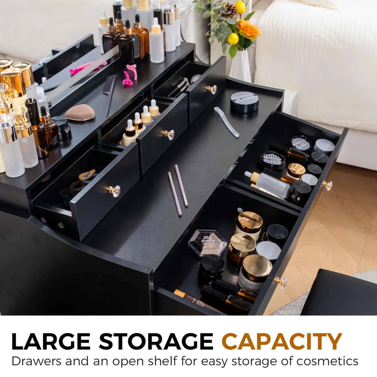 Comhoma Vanity Table and Chair Set with 4 Drawers and Charging Station, Bedroom Dresser Led Mirror Stepless Dimmable - Image 3