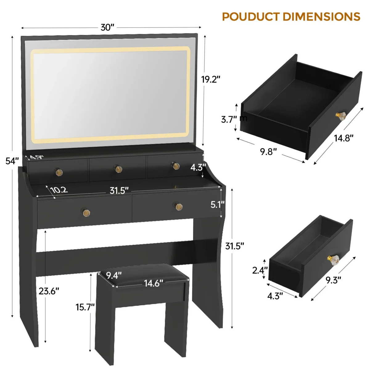 Comhoma Vanity Table and Chair Set with 4 Drawers and Charging Station, Bedroom Dresser Led Mirror Stepless Dimmable - Image 2