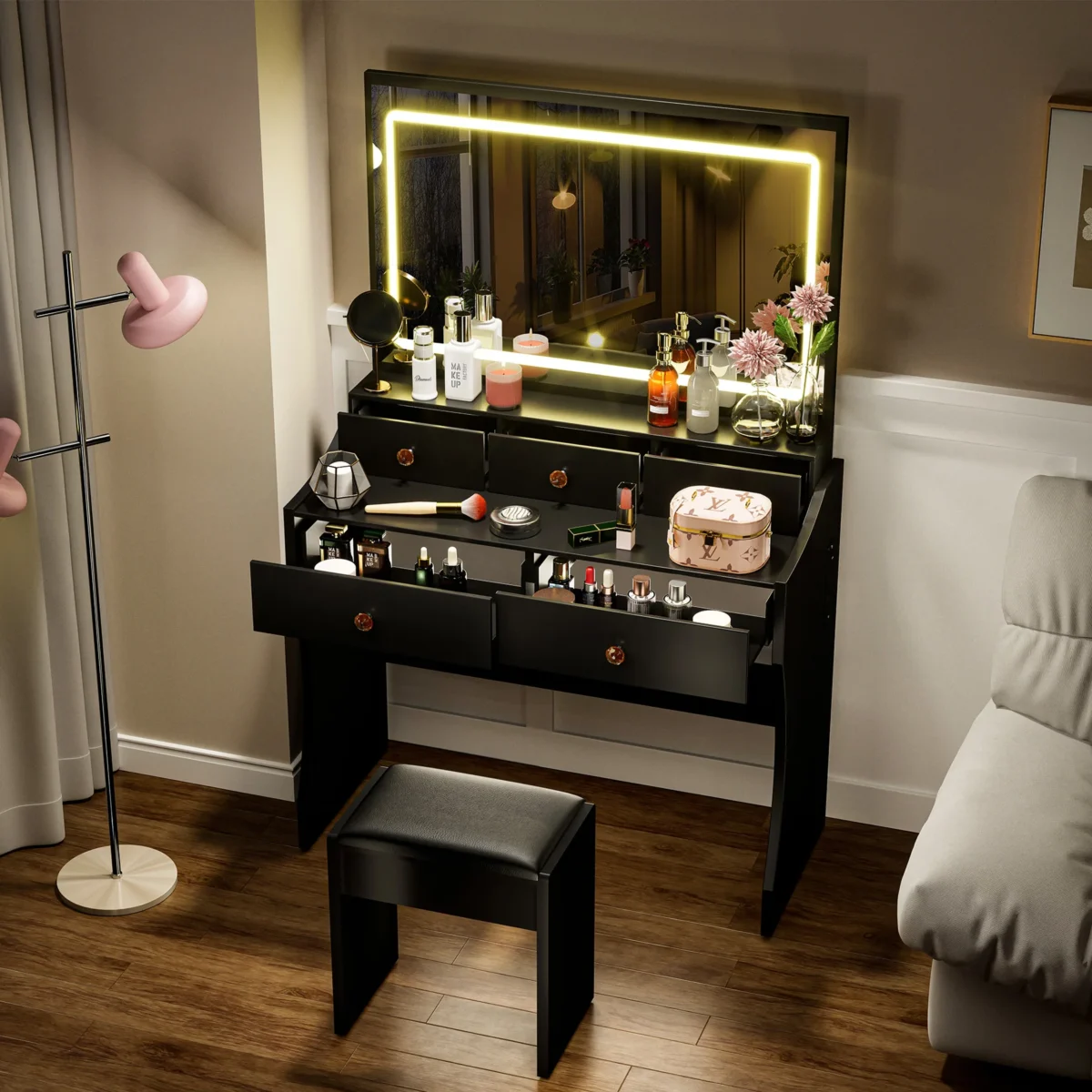 Comhoma Vanity Table and Chair Set with 4 Drawers and Charging Station, Bedroom Dresser Led Mirror Stepless Dimmable - Image 4