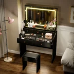Comhoma Vanity Table and Chair Set with 4 Drawers and Charging Station, Bedroom Dresser Led Mirror Stepless Dimmable - Image 4