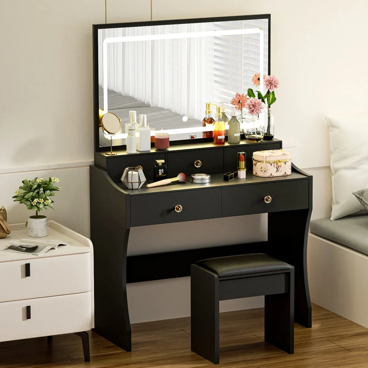 Comhoma Vanity Table and Chair Set with 4 Drawers and Charging Station, Bedroom Dresser Led Mirror Stepless Dimmable - Image 1