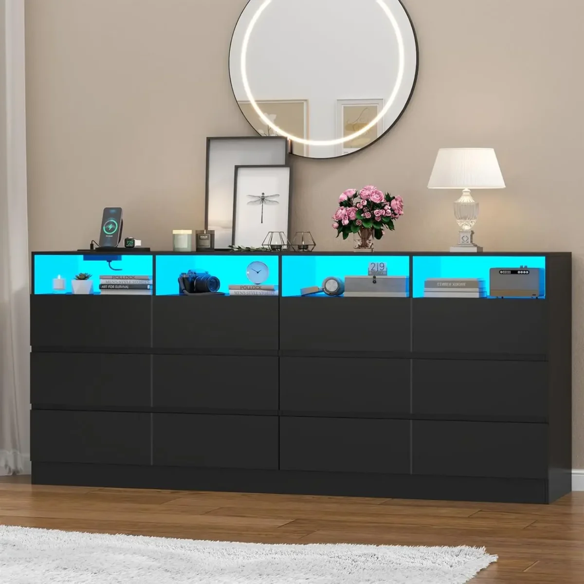 12 Drawer Black Dresser with Charging Station , Long 63" Quadruple Wide Dresser TV Stand, Large Dressers Organizer Living Room - Image 3