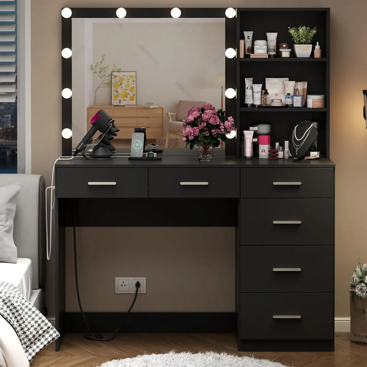 Vanity Desk with Lighted Mirror & Power Outlet, Makeup Vanity Table with 6 Drawers, 3-Tier Shelf, Vanity Dresser with - Image 1