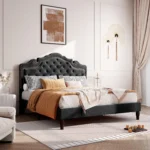 HOOMIC Bed Frame with Adjustable Velvet Tiara Headboard, Upholstered Diamond Button Tufted Platform Bed, Wood Slats Support, - Image 2