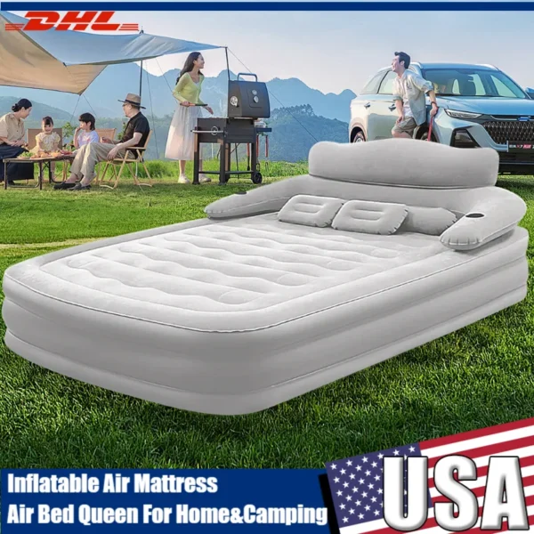 Queen Size Air Mattress with Headboard 60" Inflatable Bed with Pillows Built-in Electric Pump Air Bed Queen For Camping/Home