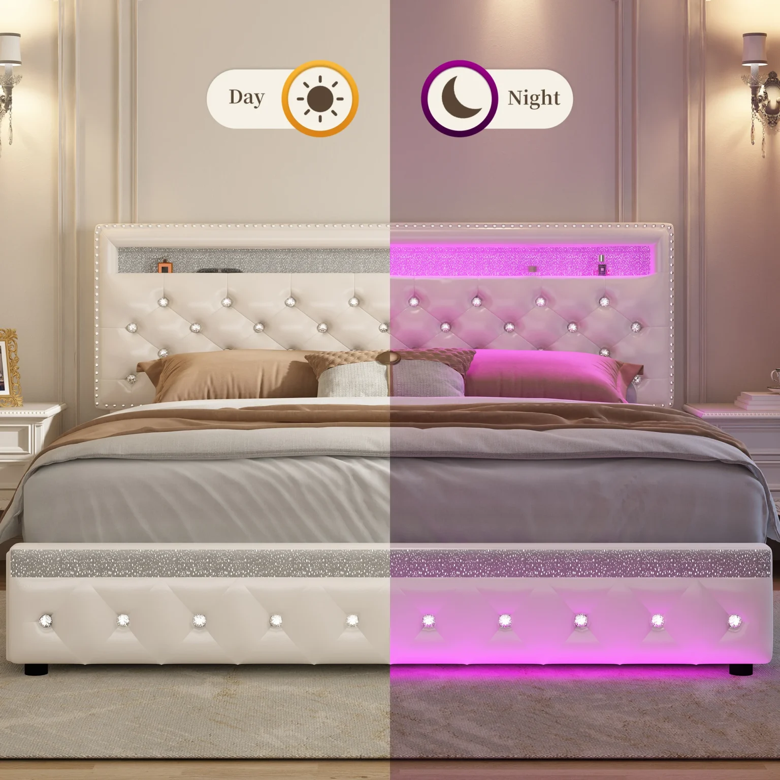 Queen Led Bed Frame with 2 Drawers, Modern Metal Platform Bed Frame Queen Size with Storage, Adjustable Height Crystal Button Tu - Image 2