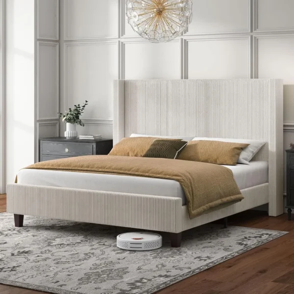 HOWE King Size Upholstered Platform Bed Frame, Wingback Bed with 50.8" Headboard, Corduroy/Solid Wood Leg/No Box Spring Needed/N