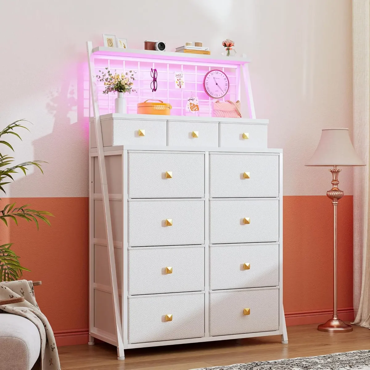 51" H Dresser for Bedroom with 11 Fabric Drawers & LED Lights, White Tall Dressers & Chests of Drawers for Bedroom, Living Room - Image 1