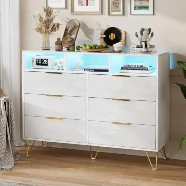 Dresser for Bedroom, High Gloss 6 Drawer Dresser with Led Lights, Modern White Dressers with 3 Open Shelves, Wood Wide Chest of