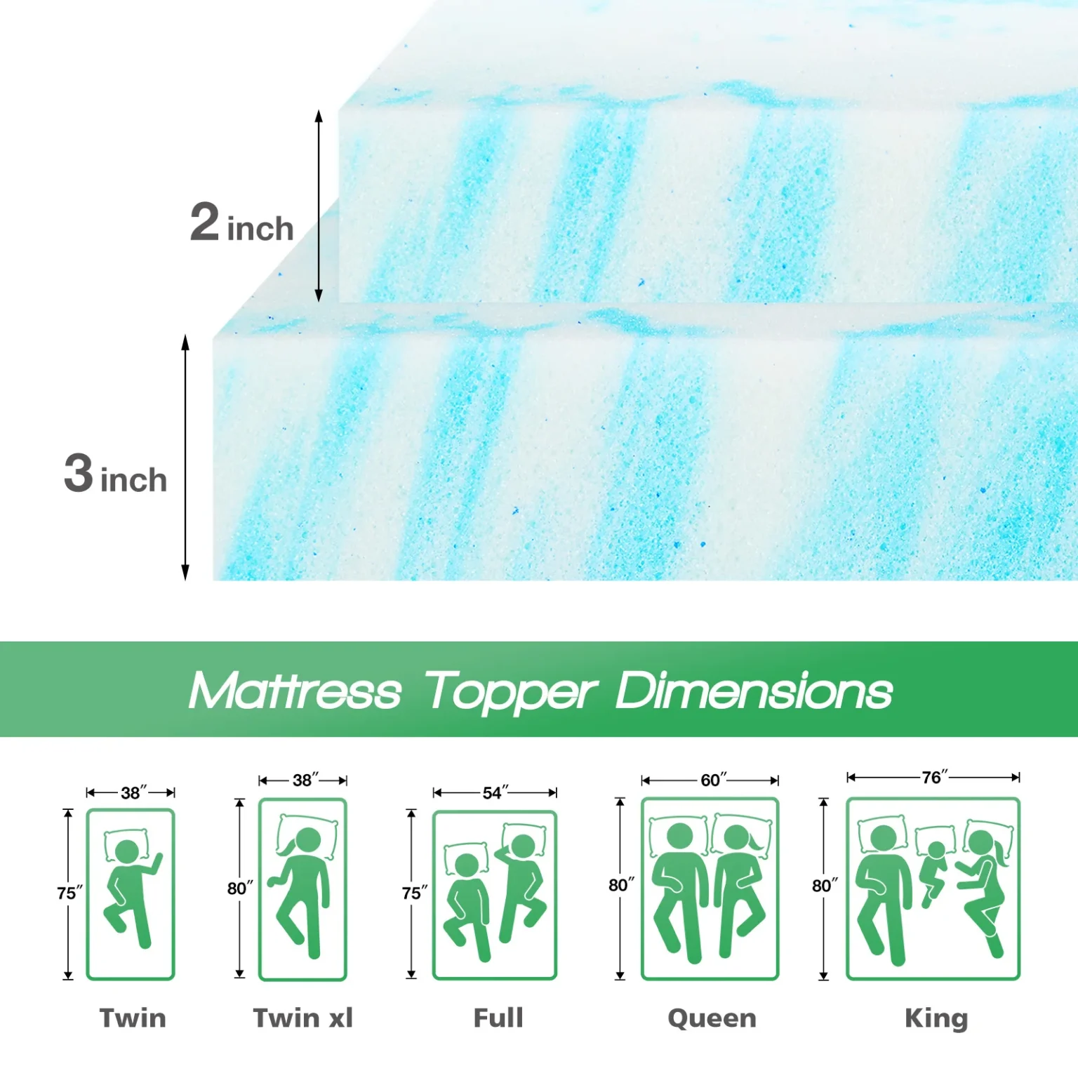 JHK 2-3 Inch Gel Memory Foam Mattress Topper Full Size Cooling Mattress Soft and Breathable Bed Topper School Bedroom Furniture - Image 6