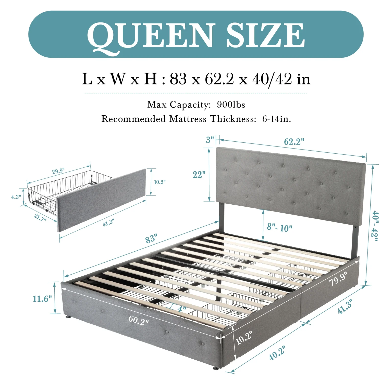 HOOMIC Platform Storage Bed Frame with 4 Drawers & Adjustable Headboard, Diamond Stitched Button Tufted Allewie - Image 6