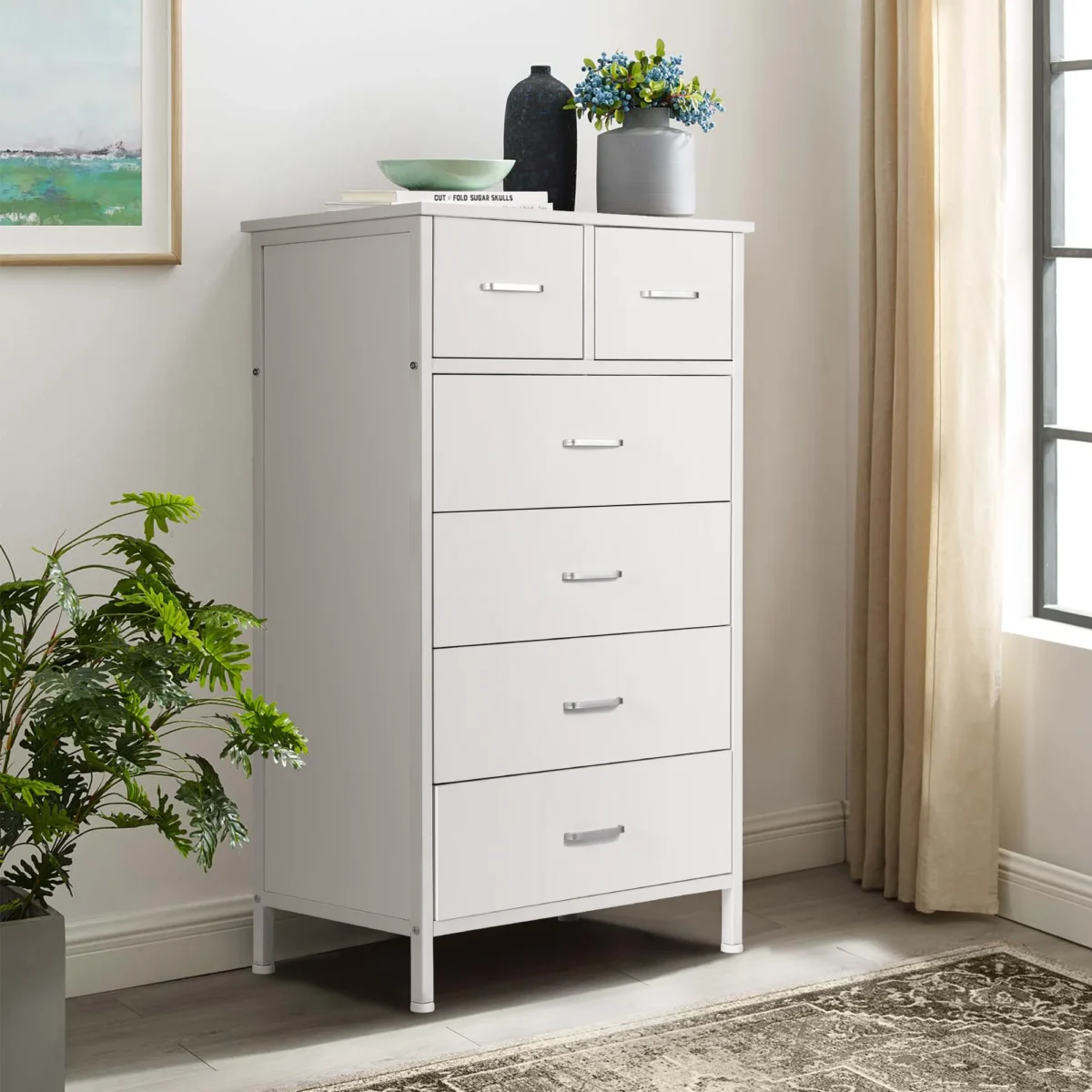 Chest of 6 Drawers, Drawer Dresser storage organizer for Bedroom, Living Room, Storage Cabinet Dresser with Steel Frame, White - Image 1