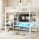 Full Size Metal Loft Bed with TV Stand, Metal Loft Bed with Staircase and Wardrobe, Kids Full Size Loft Bed, Black - Image 6