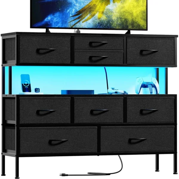 Dresser TV Stand with Charging Station and LED Lights, 55” TV Stand with 9 Drawers, Fabric Dresser for Bedroom, Steel Frame