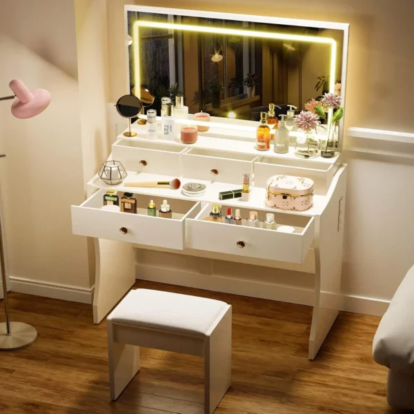 Makeup Vanity Desk with Mirror and Lights, Vanity Table and Chair Set with 5 Drawers and Charging Station, Bedroom Dresser LED