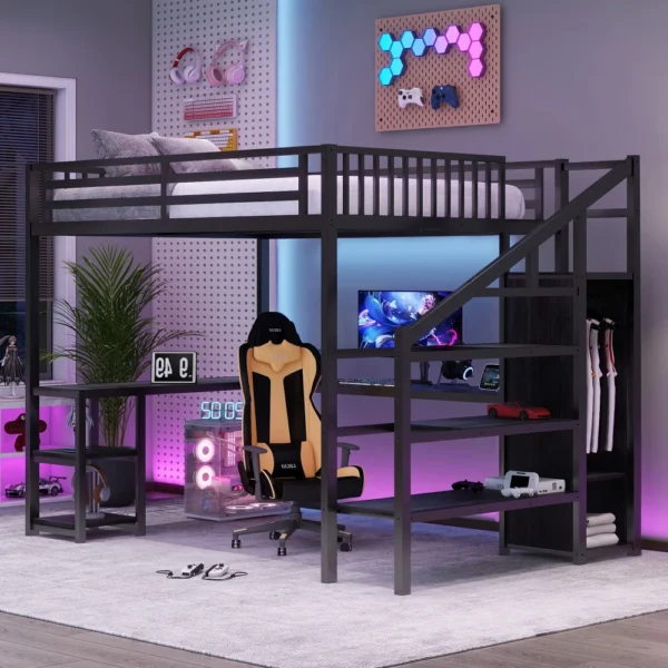 Metal Queen Loft Bed with Wardrobe and LED Light, Queen Size Loft Bed with L Shaped Desk and USB for Kids Teens Adults, Black
