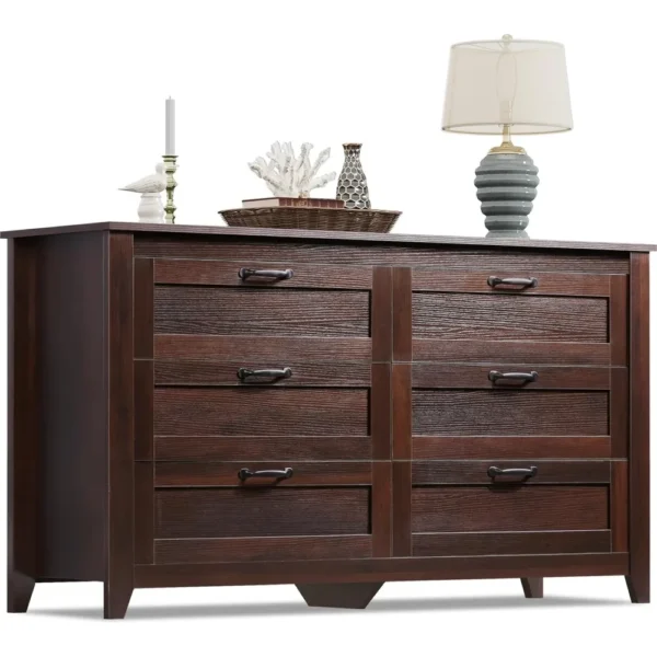 Wood Dresser for Bedroom, Retro Chest of Drawers with Metal Handle, Double 6 Drawer Dresser for Living Room, Large Storage
