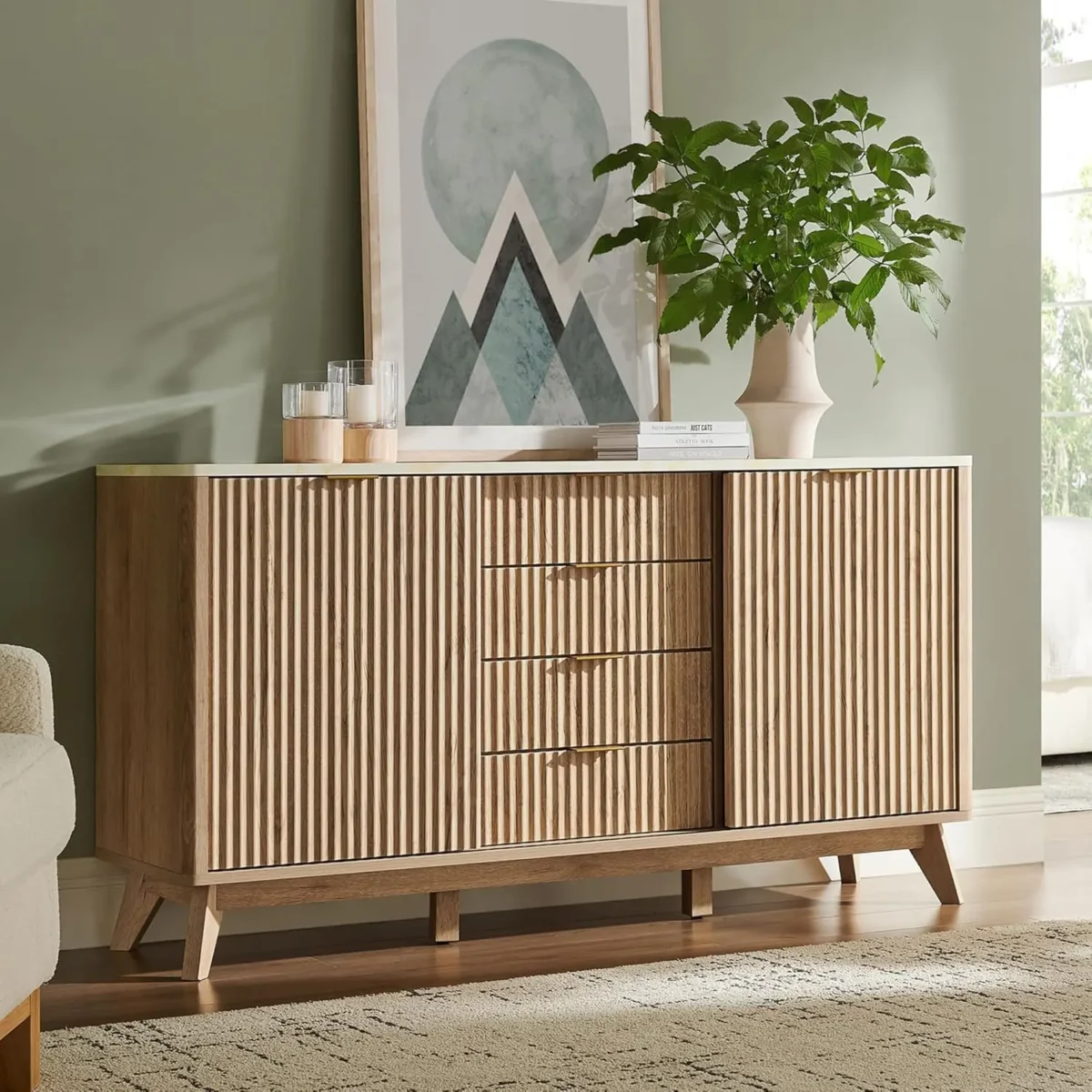 60" Fluted Dresser with Sliding Doors and 4 Drawers, Modern Chest w/Faux Marble Top, Curved Profile Design, Dresser TV Stand - Image 1
