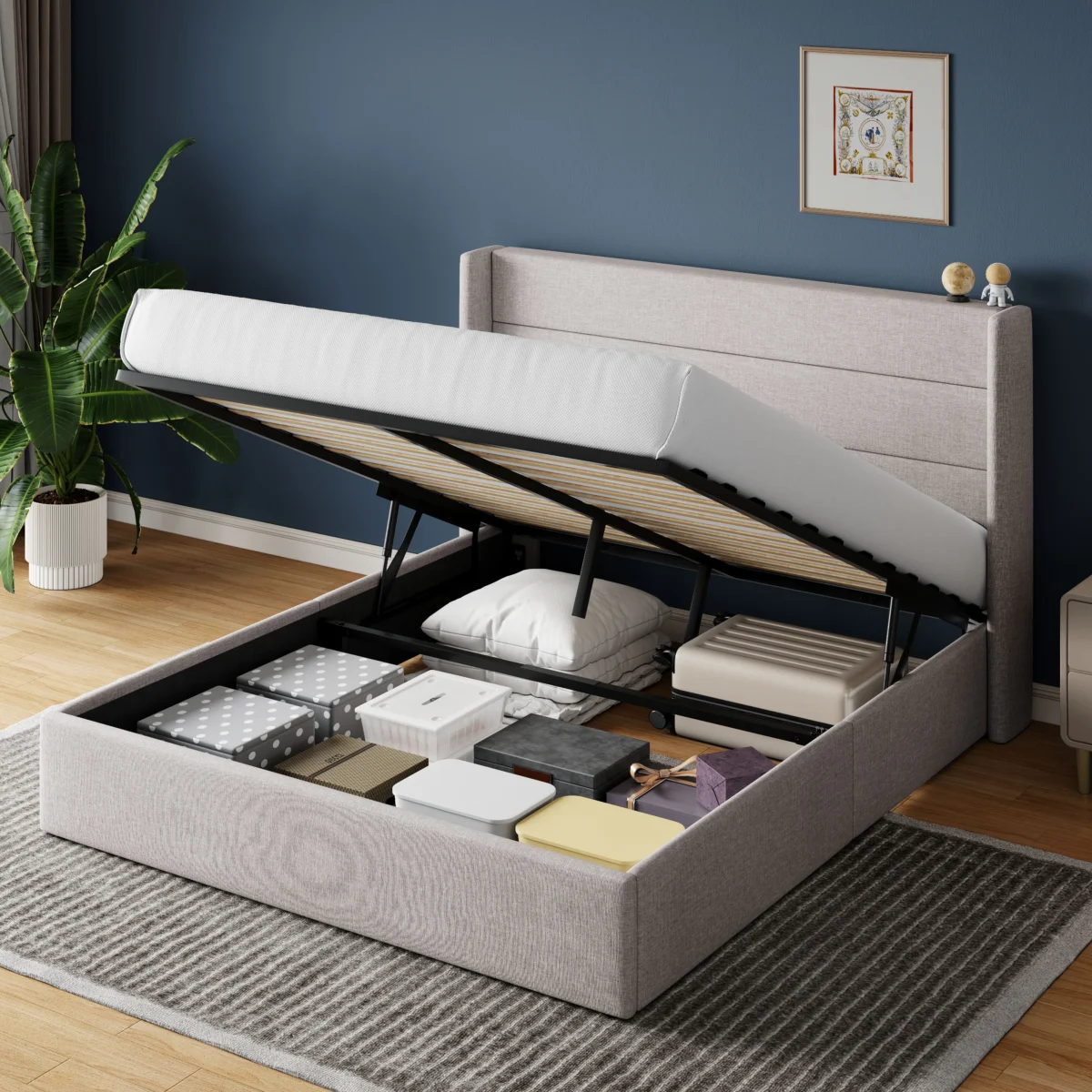 HOOMIC Lift Up Storage Bed with Wingback Headboard/Heavy-Duty Hydraulic Bed/Large Underneath Storage Allewie - Image 1