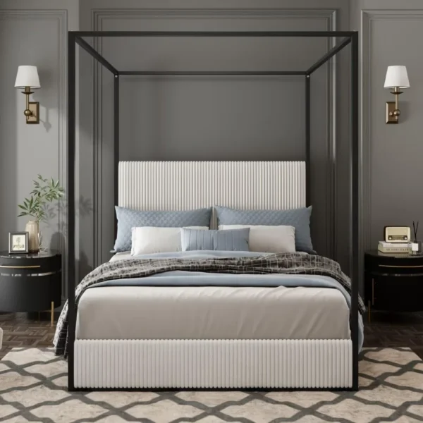 Modern Luxury Metal Canopy Bed with Tall Upholstered Headboard and Four Poster, No Box Spring Needed, Queen, White