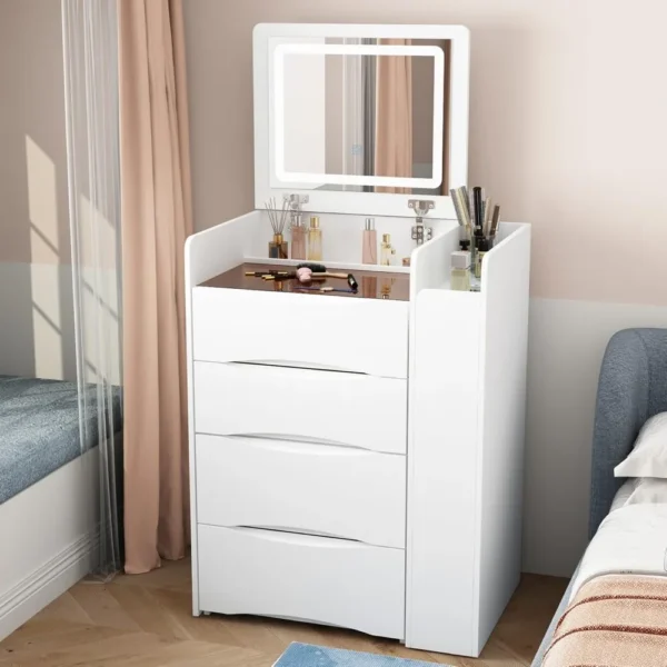 Compact 4-in-1 Makeup Vanity Desk with Flip Mirror and Lights, Vanity Dresser with Side Sliding Rack & Drawers, Dressing Desk w