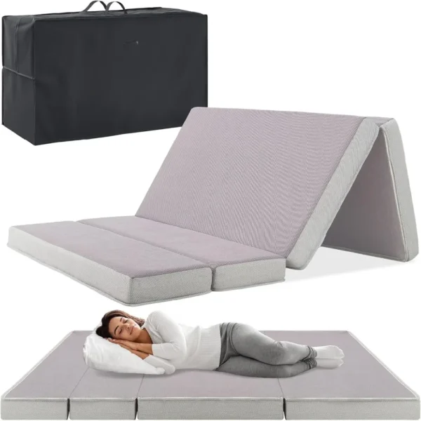 4in Portable Queen-Size Mattress, Tri-Fold Mattress for Camping, Guest, Toddler, Foam Plush w/Carry Case - Grey