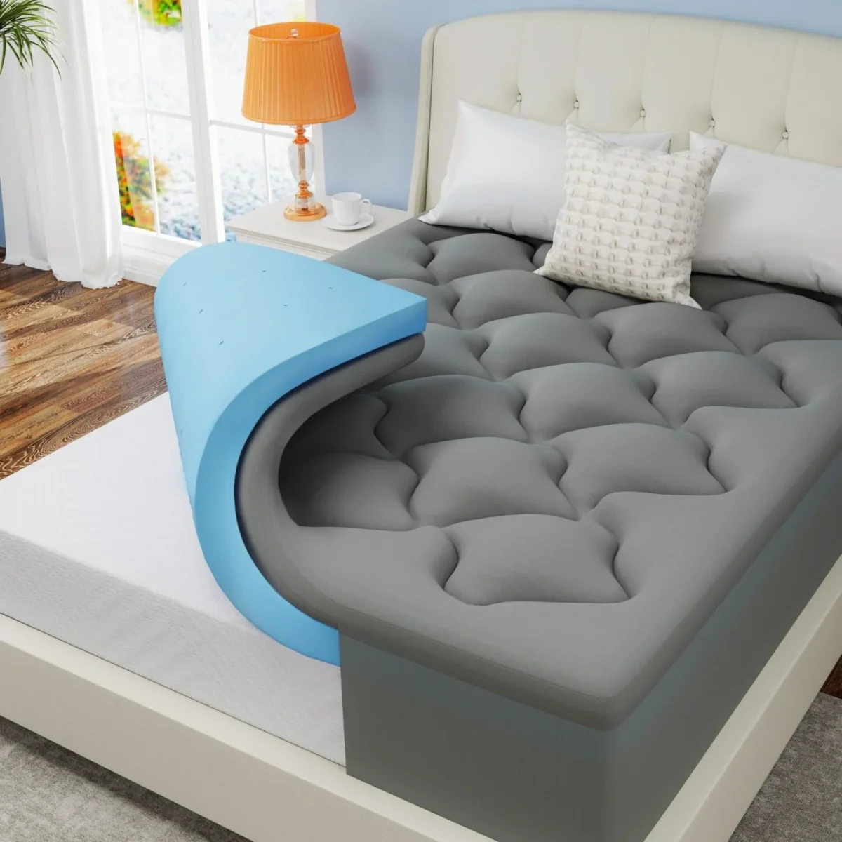 Hcore Dual Layer 4‘ Memory Foam Mattress, 2/3’ Gel Memory Foam plus 2/1’ Cool Pillowcase for Back - Image 1