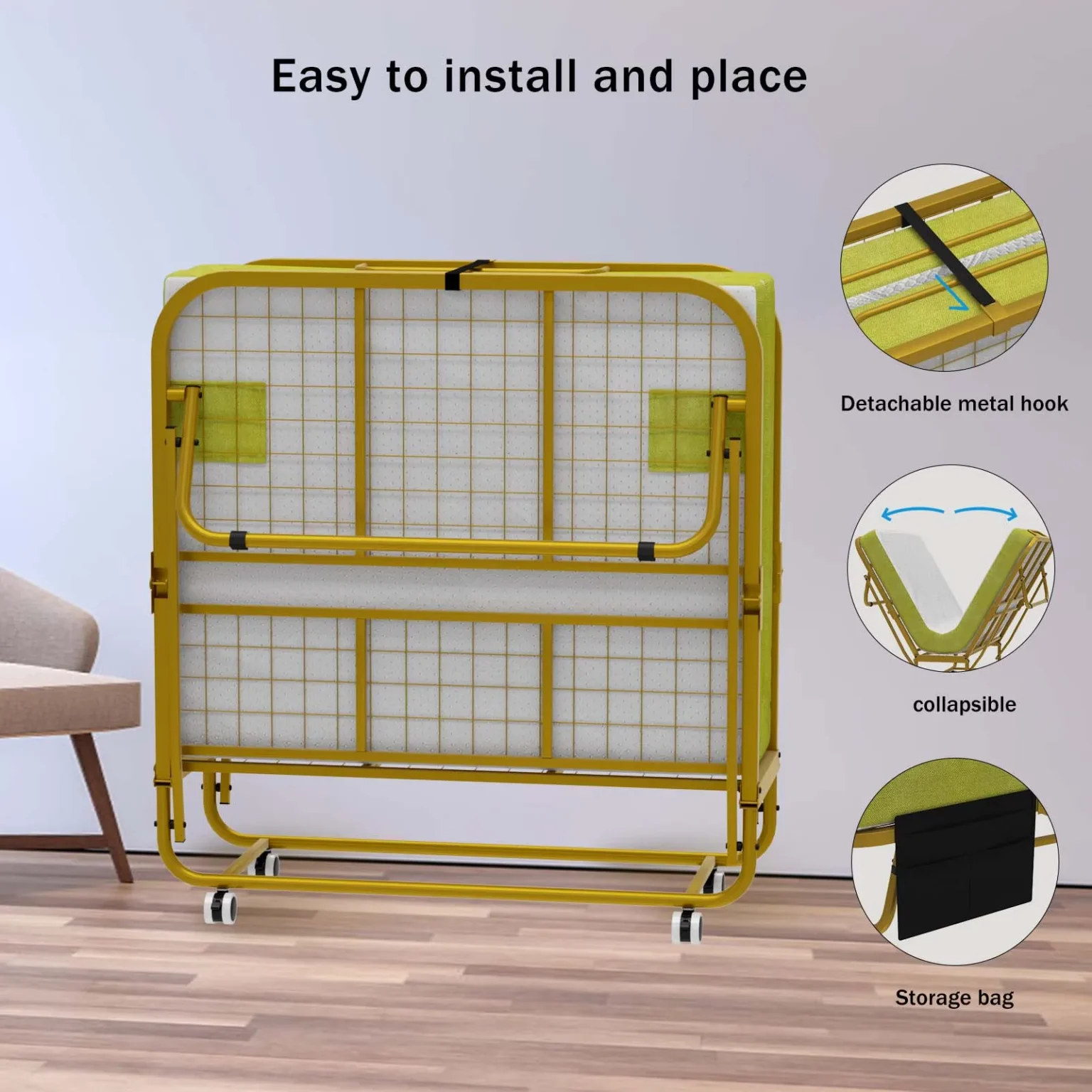 Fashion Folding Bed with Memory Foam Mattress and Swivel Wheels Fold Out Cot Size Rollaway Guest Bed Storage Bag Included - Image 5