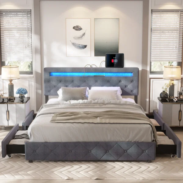 King/Queen Size LED Bed Frame with 4 Drawers & 2 USB Charging Station, Modern Adjustable Upholstered Button Tufted Headboard