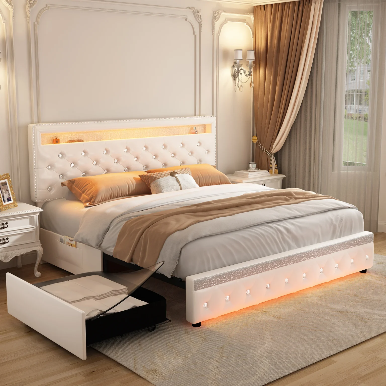 Queen Led Bed Frame with 2 Drawers, Modern Metal Platform Bed Frame Queen Size with Storage, Adjustable Height Crystal Button Tu - Image 1