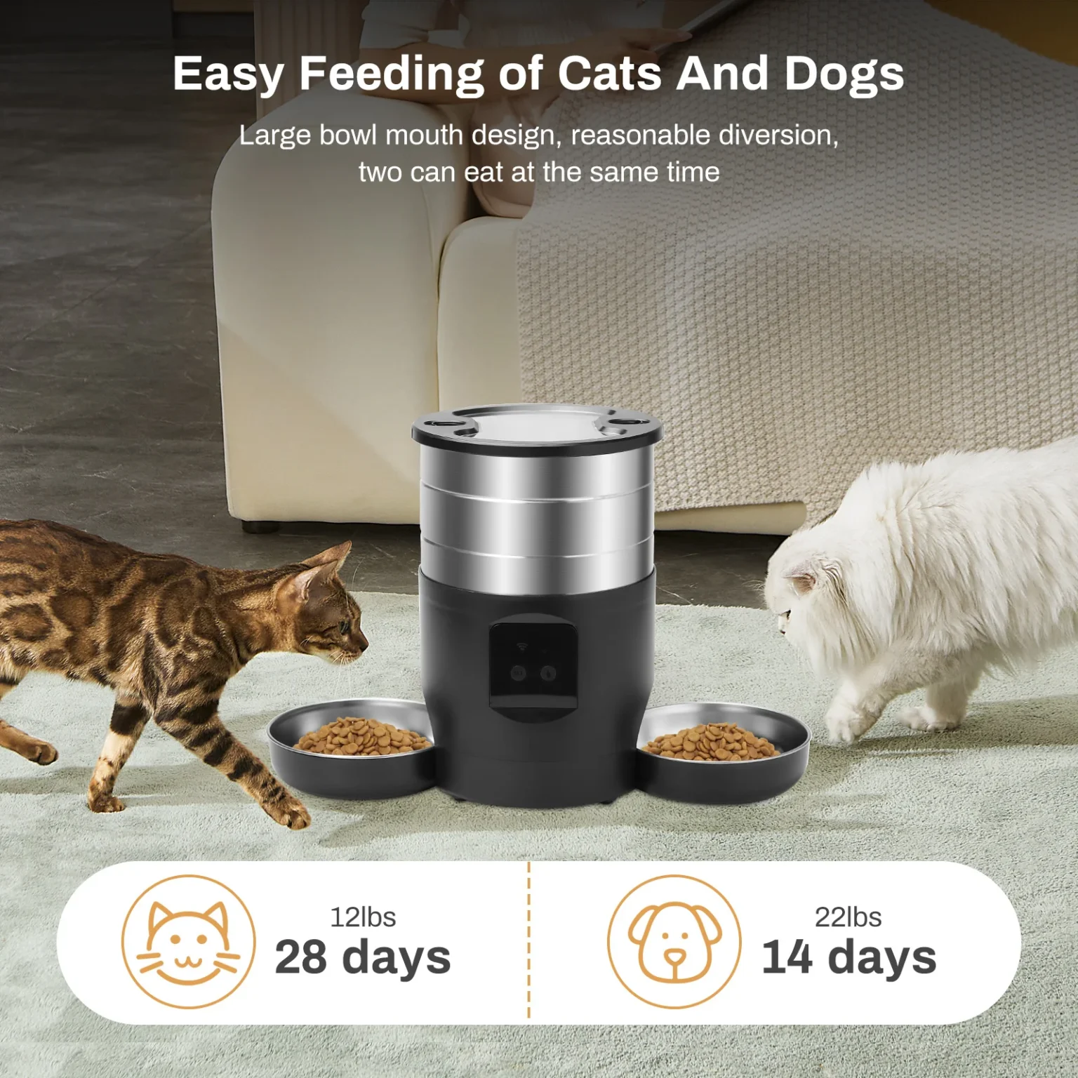 4.5L Automatic Cat Feeder With WiFi Button Smart Pet Cat/Dogs Food Dispenser Two Stainless Steel Bowls Feeder Pet Supplies - Image 3