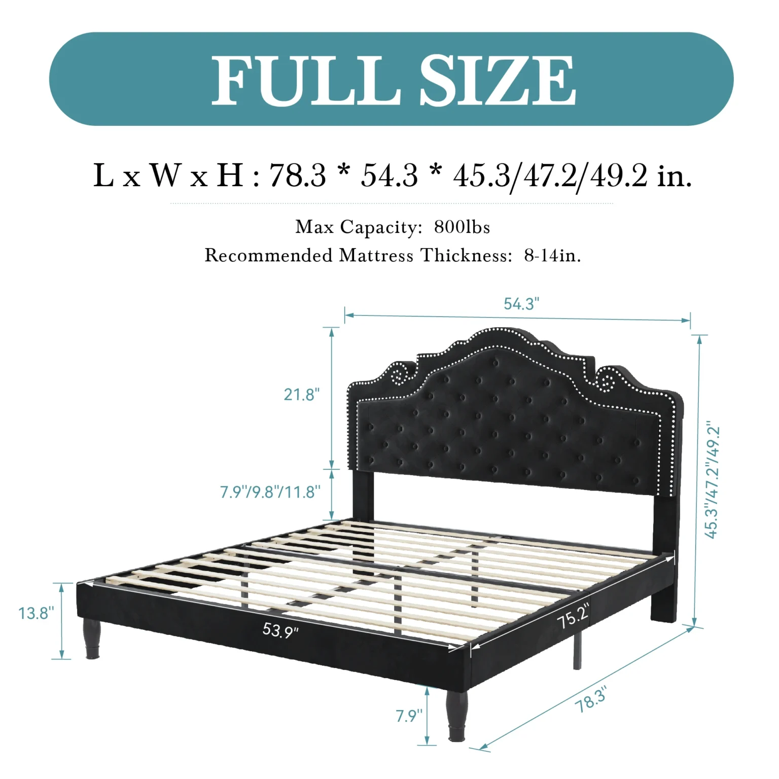 HOOMIC Bed Frame with Adjustable Velvet Tiara Headboard, Upholstered Diamond Button Tufted Platform Bed, Wood Slats Support, - Image 6