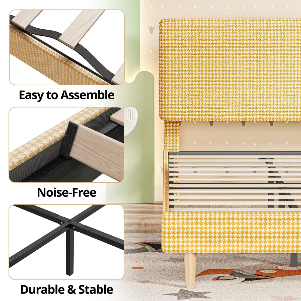 LIKIMIO Twin/Full/Queen Size Bed Frame with Headboard, Fully Cotton Upholstered Foundation, Wooden Slats Support - Image 3