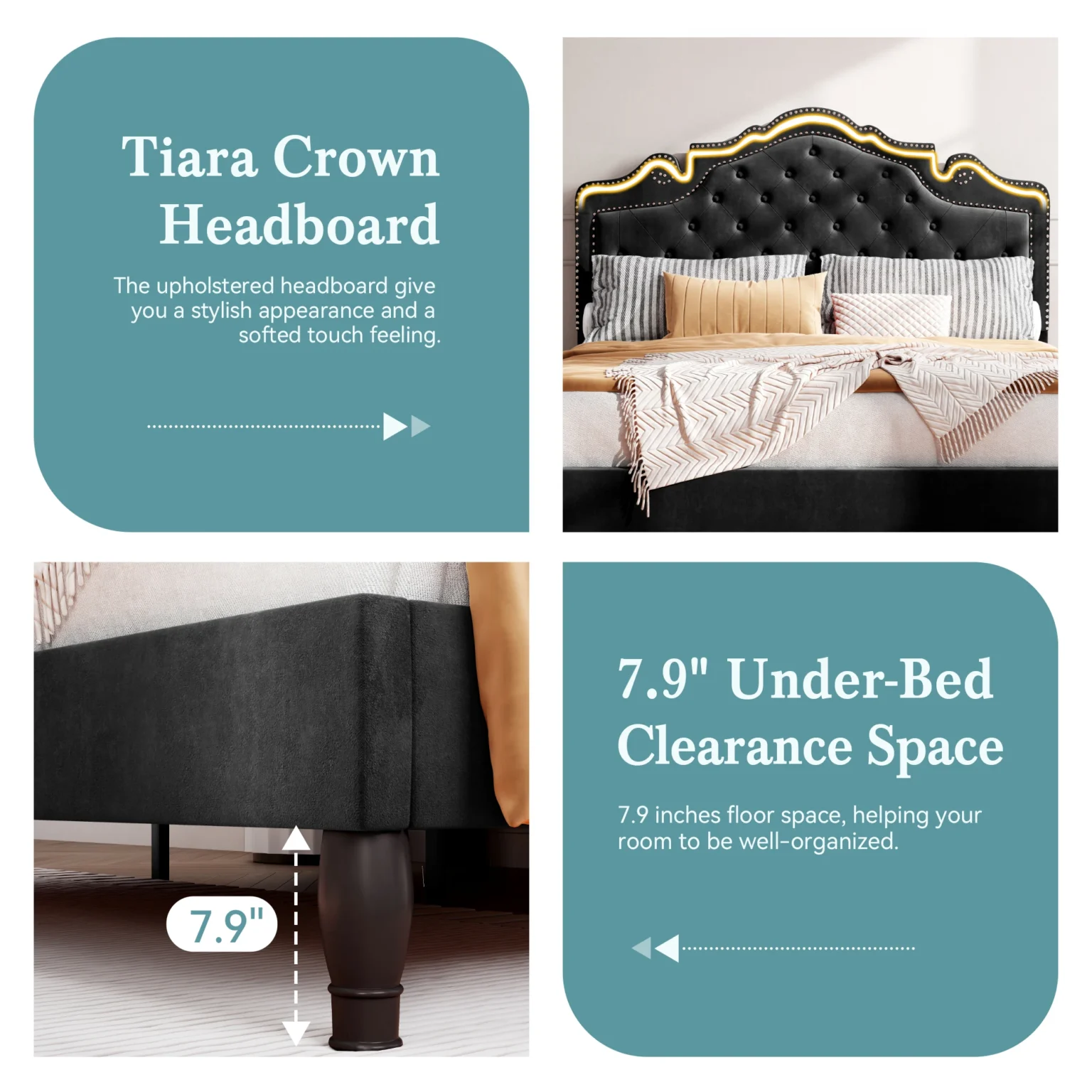 HOOMIC Bed Frame with Adjustable Velvet Tiara Headboard, Upholstered Diamond Button Tufted Platform Bed, Wood Slats Support, - Image 5