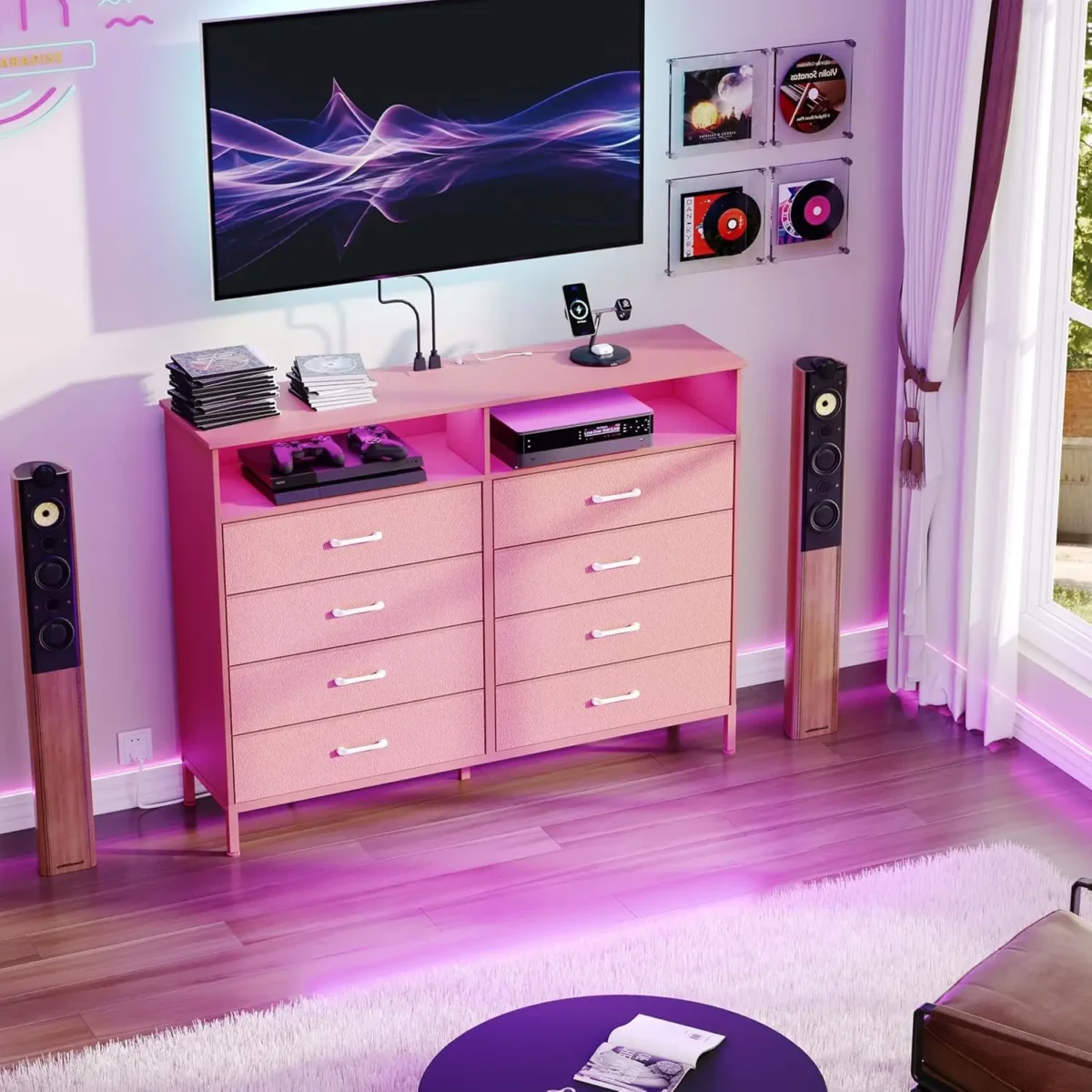 Dresser for Bedroom Pink Bedroom Dresser with LED Lights and Charging Station, 8 Long Fabric Drawers Dressers, Tall Wide Chest - Image 1