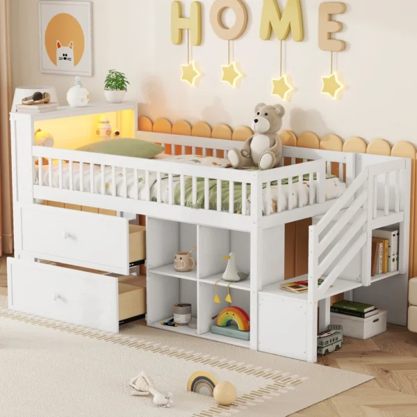 Twin Size Loft Bed with LED and Bookshelf,Wood Low Loft Bed with Stairs,Kids Twin Loft Bed with Storage Drawers andShelves,White
