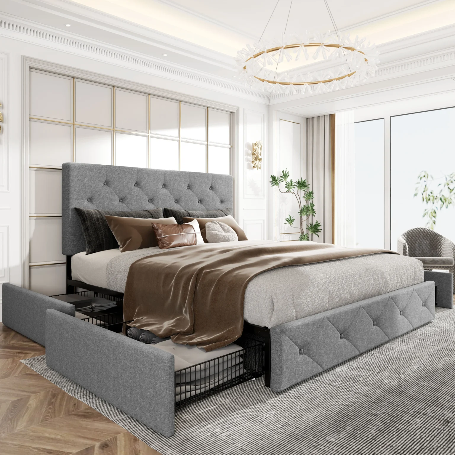 HOOMIC Platform Storage Bed Frame with 4 Drawers & Adjustable Headboard, Diamond Stitched Button Tufted Allewie - Image 1