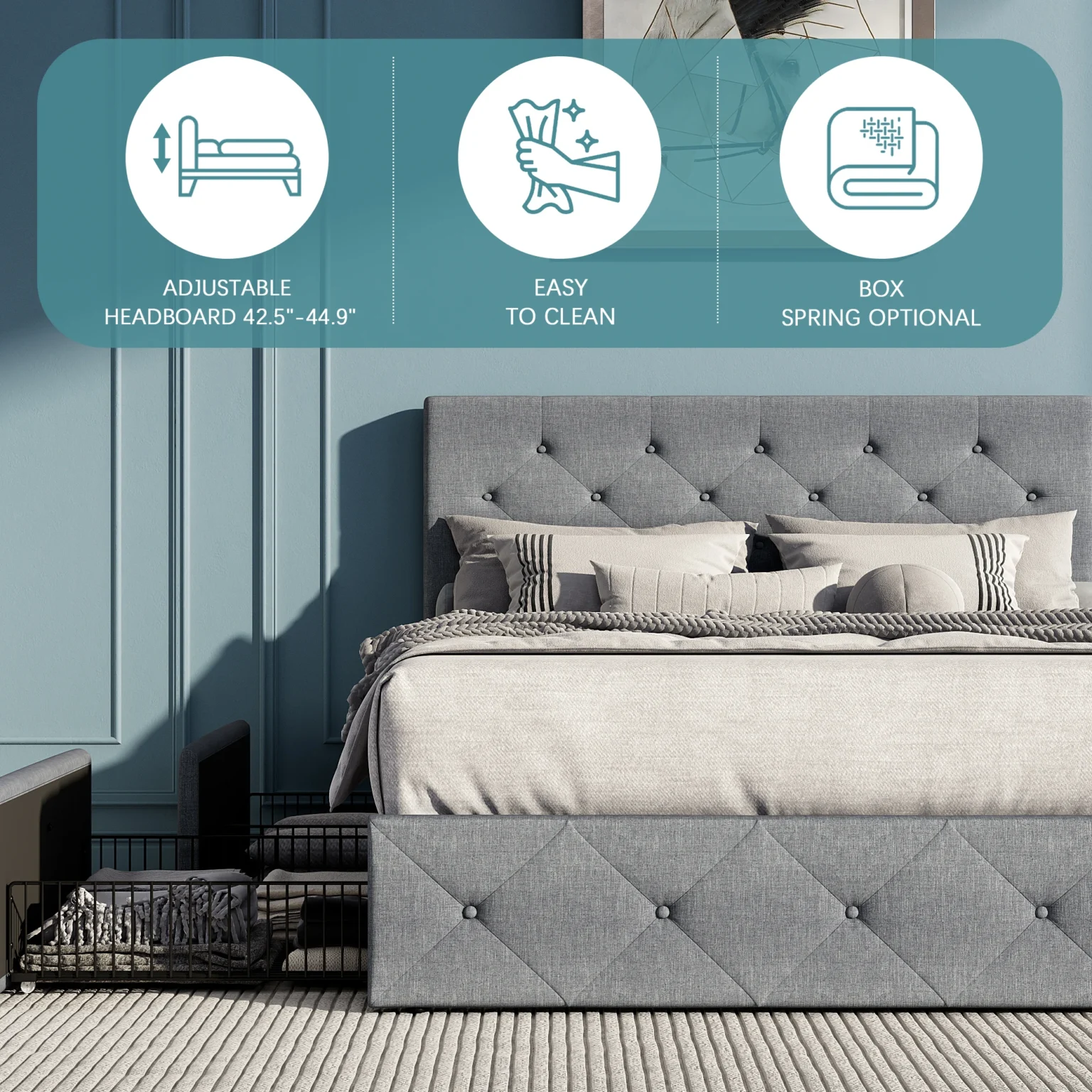 HOOMIC Platform Storage Bed Frame with 4 Drawers & Adjustable Headboard, Diamond Stitched Button Tufted Allewie - Image 5