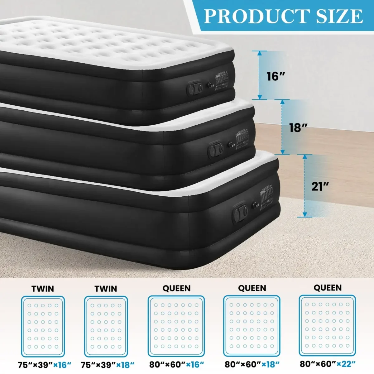 Queen Air Mattress, 18 Inches Adjustable with Built-in High Capacity Pump - Image 5