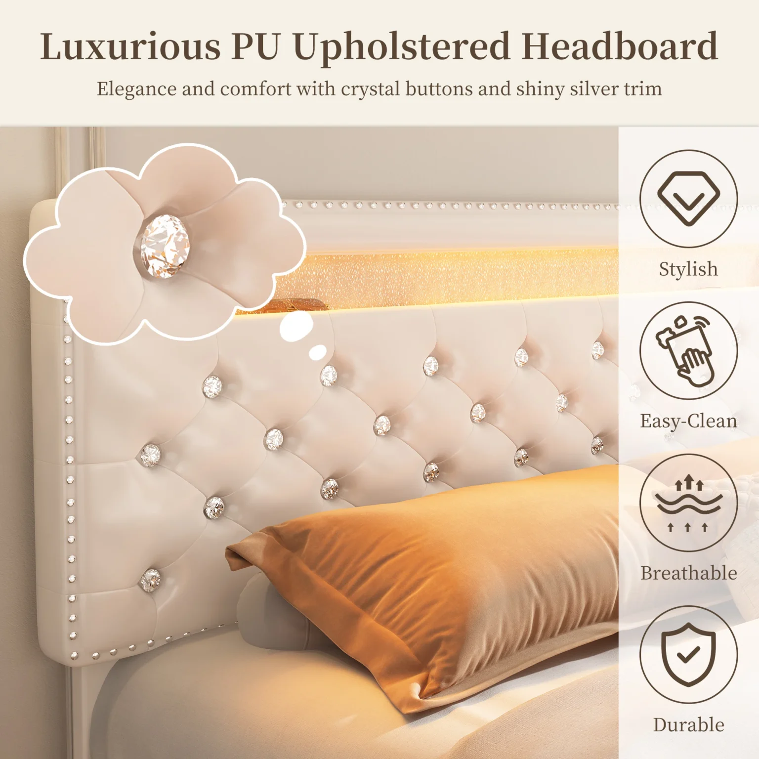 Queen Led Bed Frame with 2 Drawers, Modern Metal Platform Bed Frame Queen Size with Storage, Adjustable Height Crystal Button Tu - Image 6