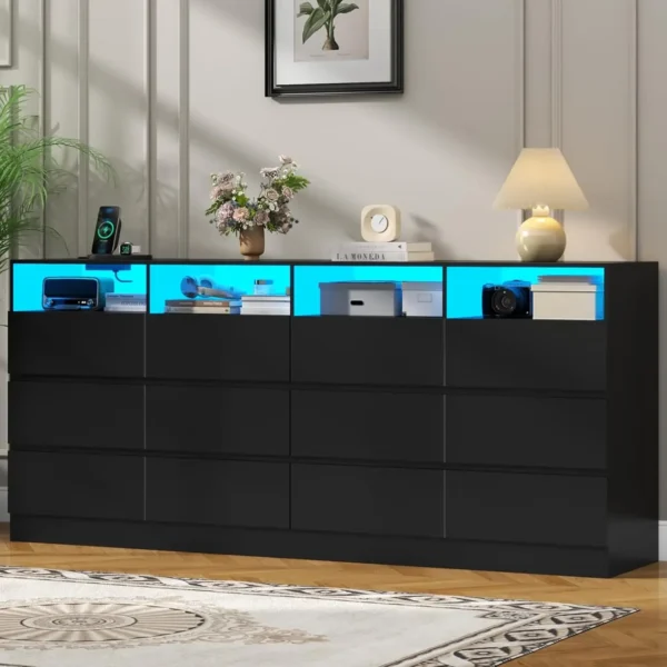 12 Drawer Black Dresser with Charging Station , Long 63" Quadruple Wide Dresser TV Stand, Large Dressers Organizer Living Room