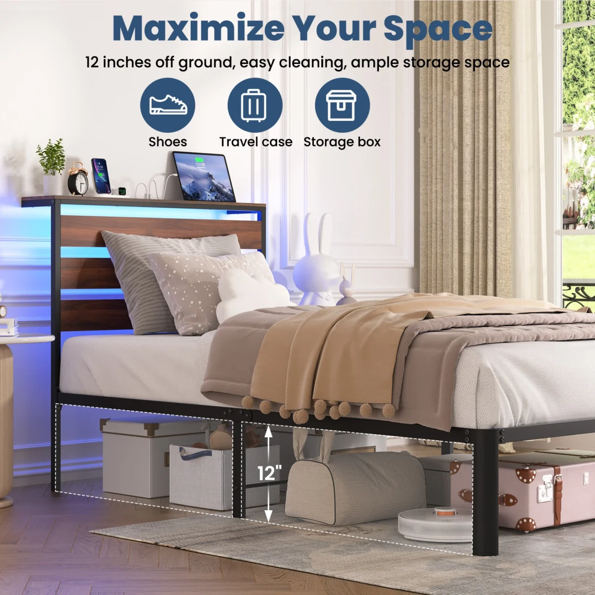 Twin Size LED Bed Frame with Storage Headboard Charging Station Sturdy Metal Platform Bed with Round Footboard Under Bed Storage - Image 2