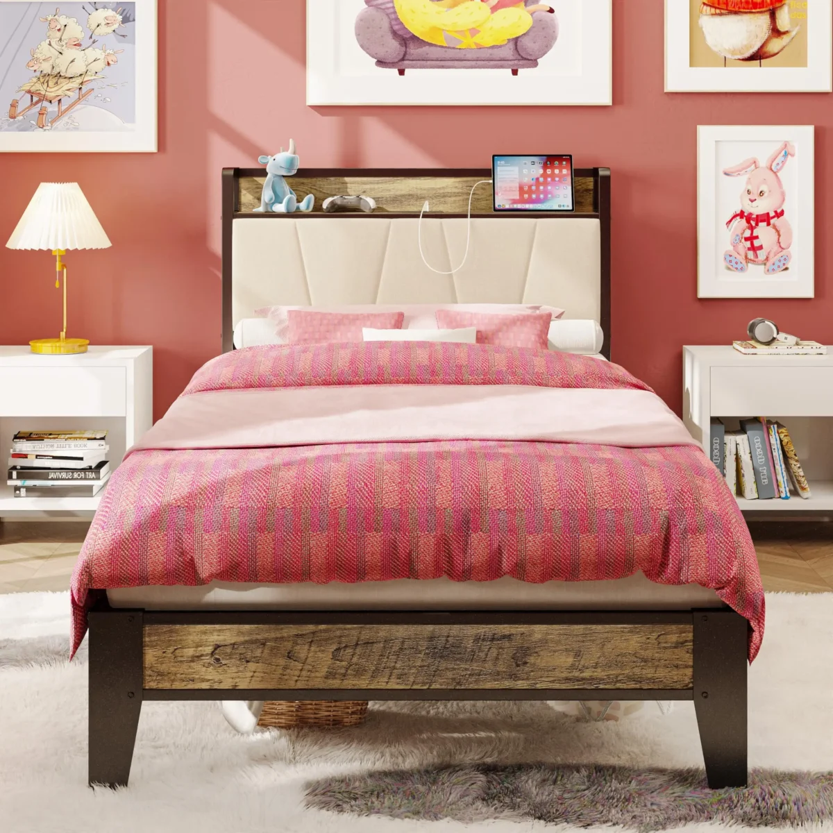 LIKIMIO Twin XL/Full/Queen/CaliforniaKing Bed Frames, Storage Headboard with Charging Station, No Box Spring Needed - Image 1