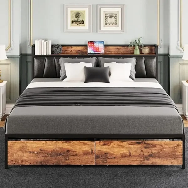 LIKIMIO King/CaliforniaKing Size Bed Frame with Headboard, Charging Station, 2 Storage Drawers, No Box Spring Needed